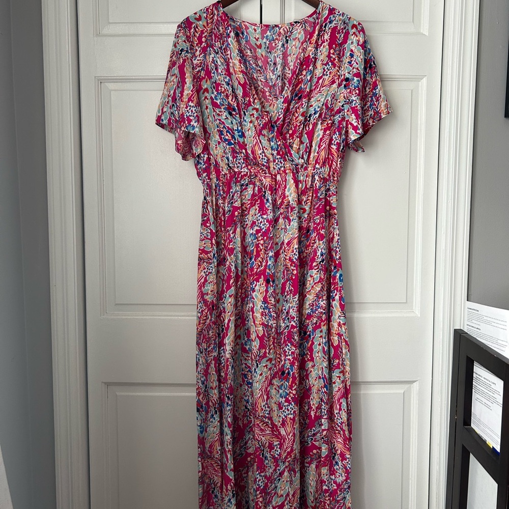 Floral Pink V-Neck Short Sleeve Maxi Dress